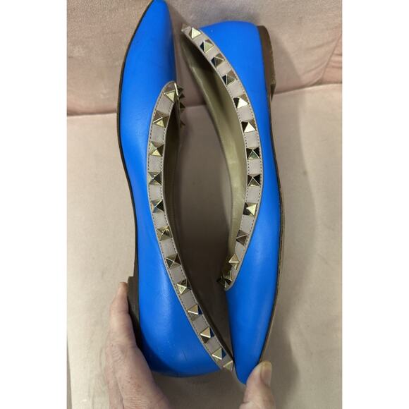 VALENTINO Shoes Ballet Flats Size 37 Blue ROCKSTUD Studded Pointed Toe Luxury - Picture 13 of 16